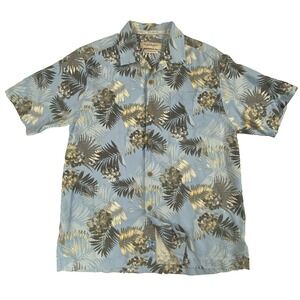 Tommy Bahama Mens Silk Hawaiian Shirt M Blue Leafy Floral Original Fit Buttons